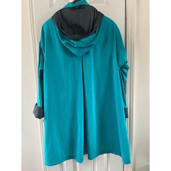 Vtg MYCRA PAC Designer Wear Raincoat Coat Hooded Turquoise & Black Teflon Fabric - Picture 2 of 10